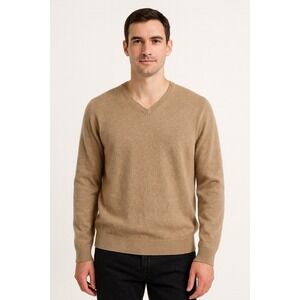Eddie Bauer Cotton Cashmere V Neck Sweater  Men's L Tan Long Sleeve Soft Knit